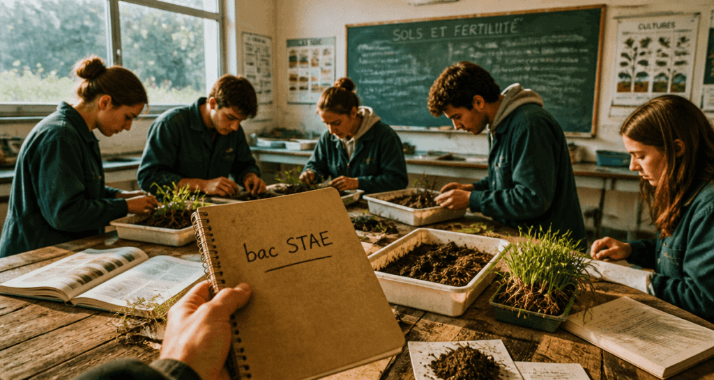 Lycéens bac STAE observant échantillons en classe