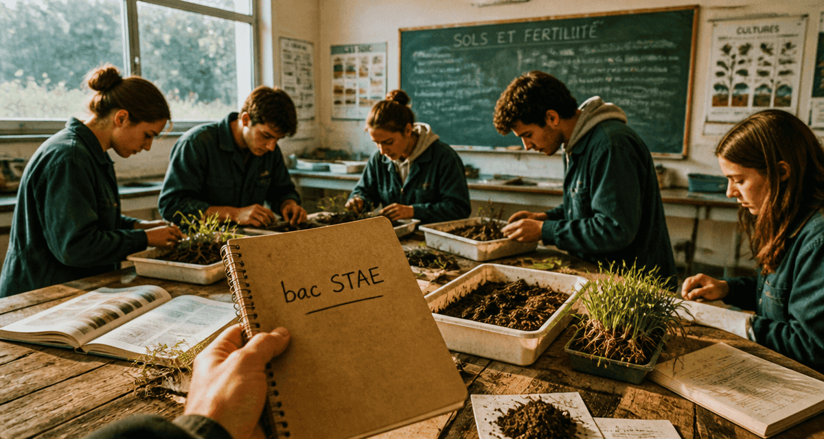 Lycéens bac STAE observant échantillons en classe