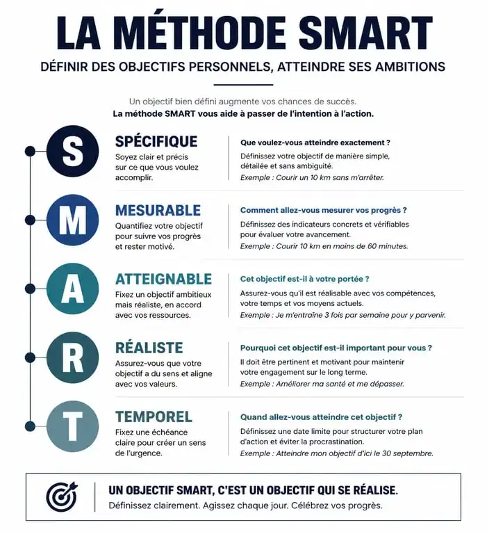 Infographie méthode SMART pour définir ses objectifs personnels