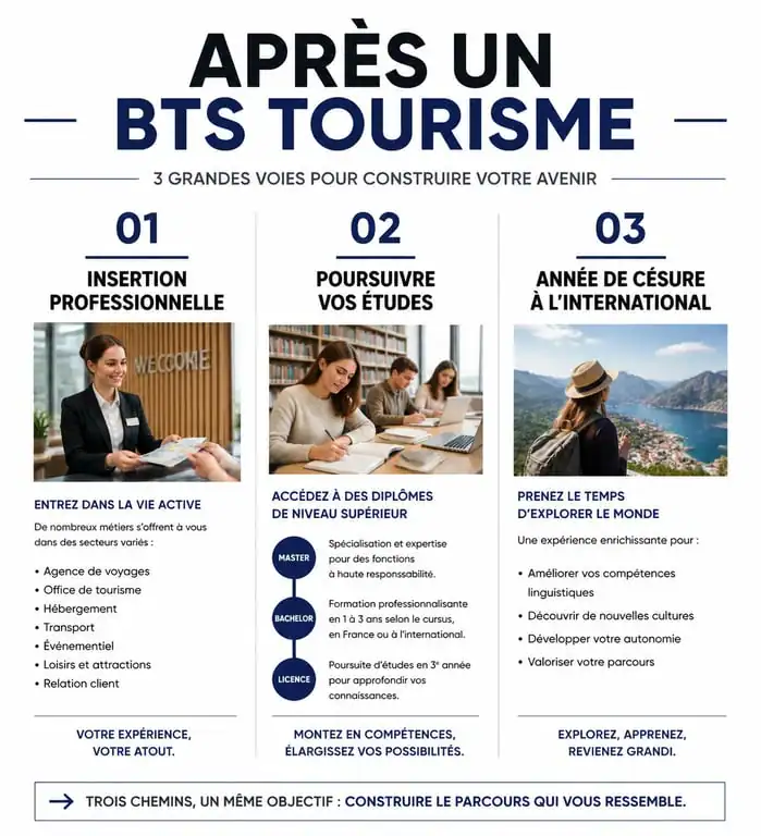 Infographie des options d'orientation après un BTS Tourisme : études, emploi et césure
