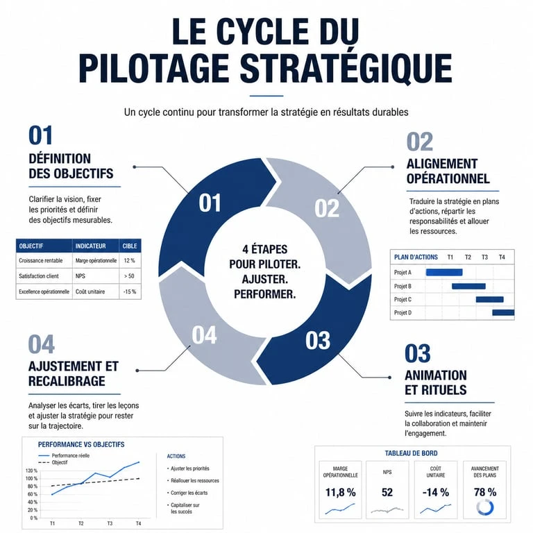 Infographie du processus de pilotage stratégique en 4 étapes pour une performance durable