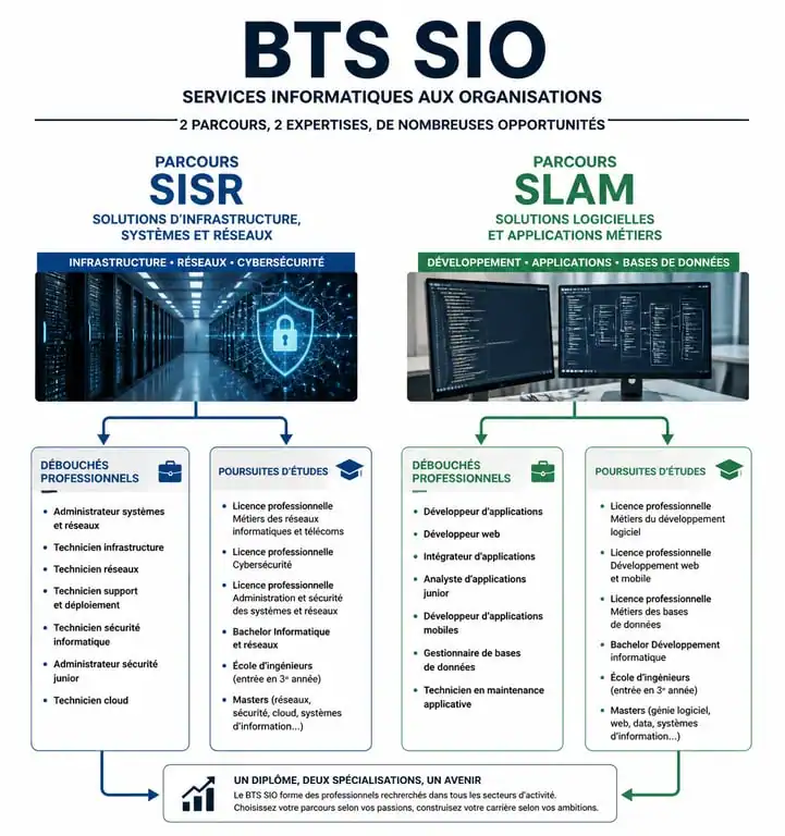 Infographie des débouchés et spécialisations du BTS SIO SISR et SLAM