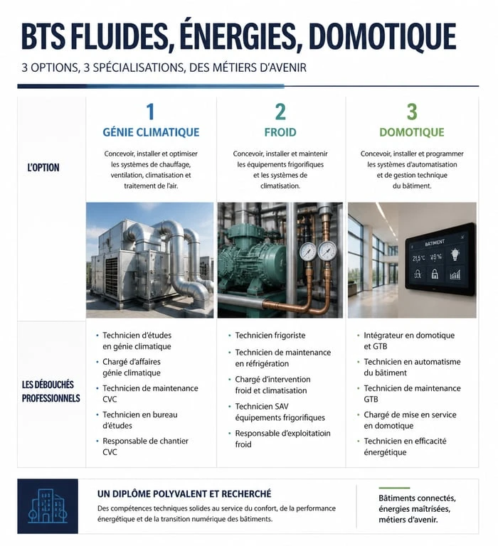 Infographie des options et débouchés du BTS Fluides Énergies Domotique (BTS plomberie)
