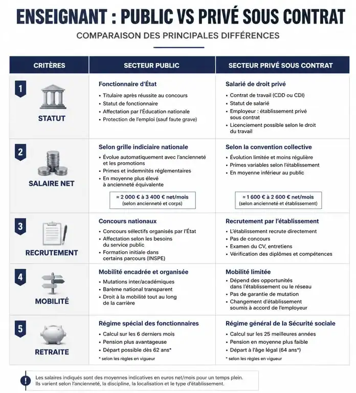 Comparatif des avantages et inconvénients du métier de professeur dans le secteur privé sous contrat par rapport au public
