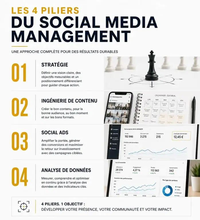 Infographie des piliers d'une formation social media manager