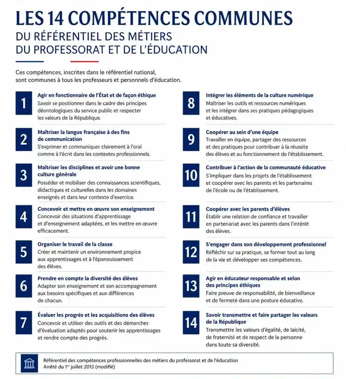 Infographie des 14 compétences du référentiel de compétences enseignant