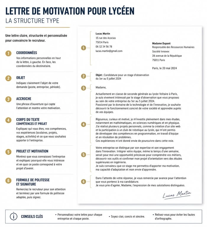 Infographie illustrant la structure d'une lettre de motivation pour lycéen pour réussir son admission