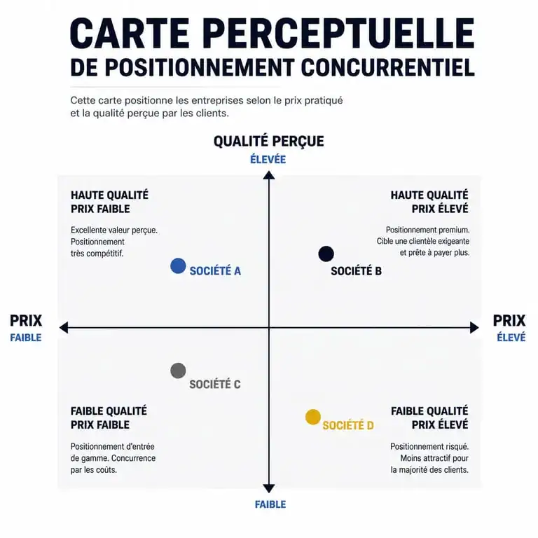 Carte perceptuelle de positionnement concurrentiel illustrant les axes prix et qualité pour l'analyse stratégique