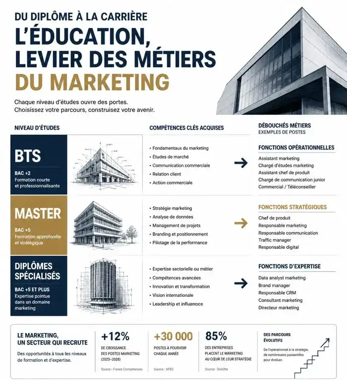 Infographie des parcours de formation et métiers du travail marketing