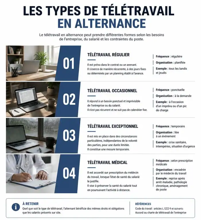 Infographie récapitulative des types de télétravail en alternance : régulier, occasionnel, exceptionnel et médical.