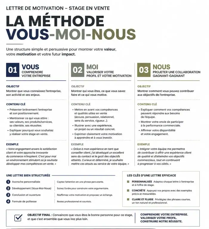 Infographie de la structure d'une lettre de motivation pour un stage en vente
