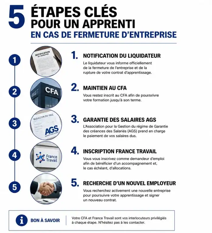 Infographie des étapes à suivre pour un apprenti dont l'entreprise ferme : démarches, indemnisation et continuité de formation.