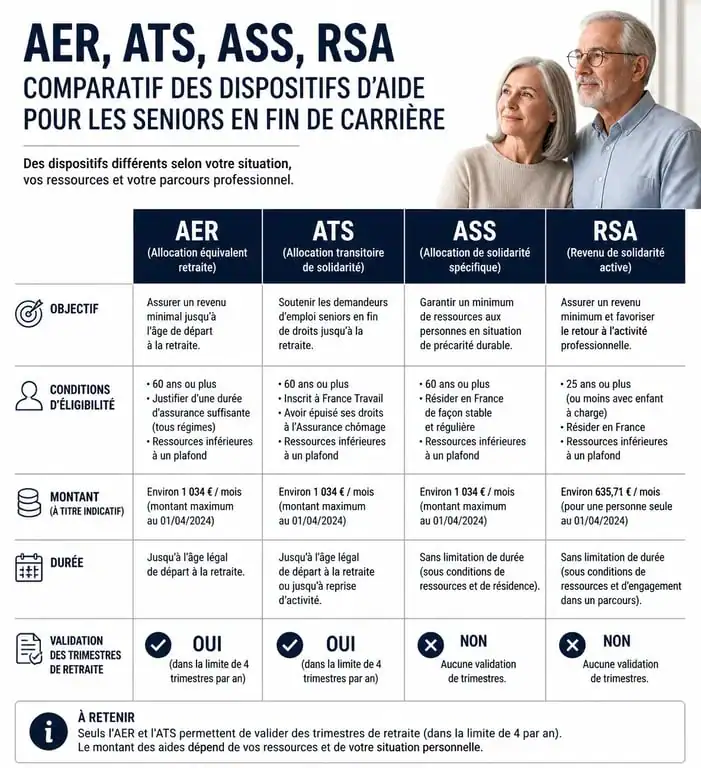 Infographie comparative des aides financières pour les seniors : AER, ATS, ASS et RSA