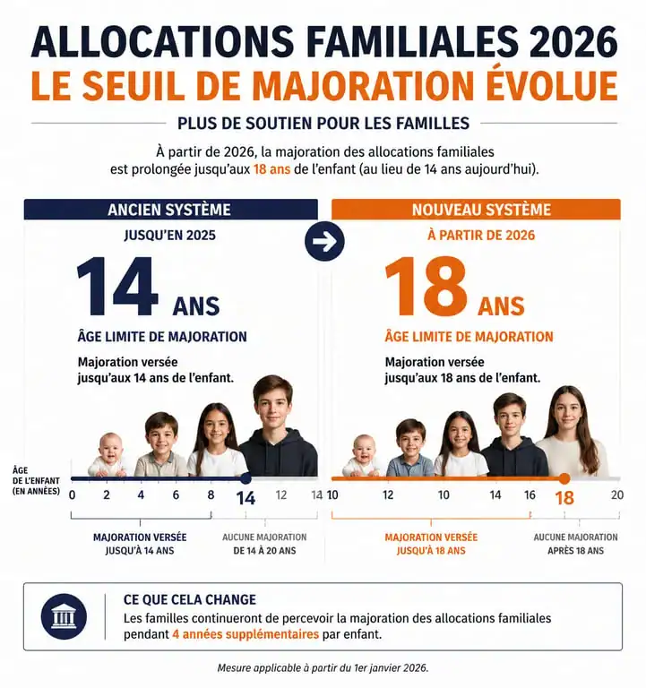 Infographie des changements des allocations familiales 2026 et réforme de la majoration à 18 ans