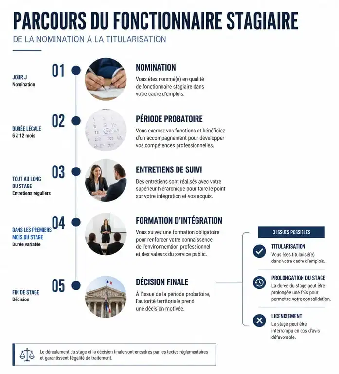 Infographie du parcours de titularisation d'un fonctionnaire stagiaire dans la fonction publique
