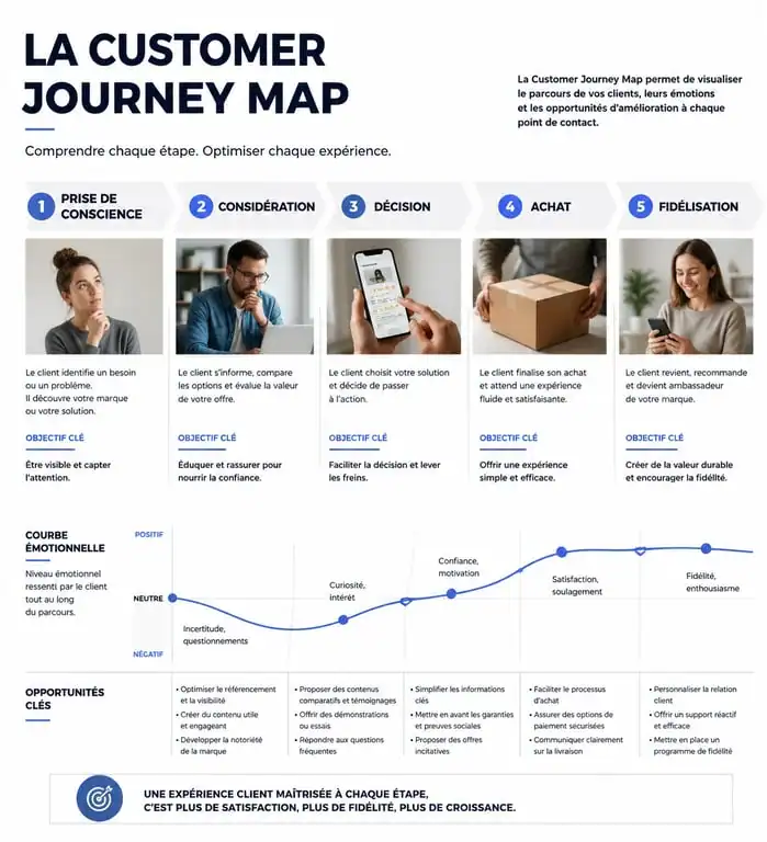 Infographie des étapes d'une Customer Journey Map pour la formation parcours client