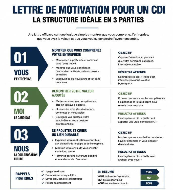 Infographie illustrant la structure d'une lettre de motivation CDI efficace avec les sections Vous, Moi et Nous.