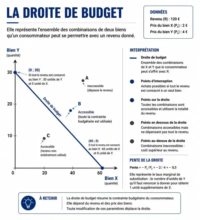 Schéma de la droite de budget illustrant la contrainte budgétaire et les choix de consommation