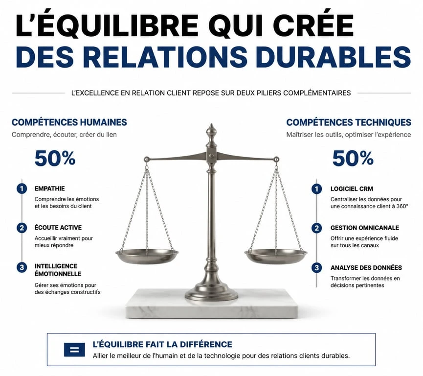 Infographie des compétences clés pour un emploi en service client : soft skills et outils techniques