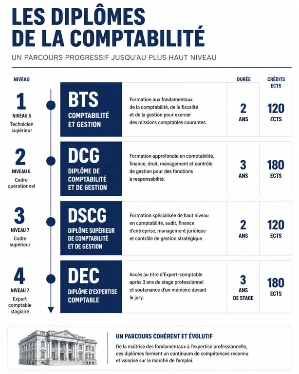 Infographie des parcours de formation en comptabilité apprentissage du BTS au DSCG