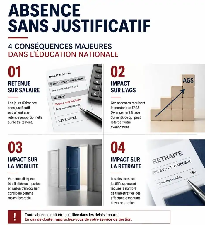 Infographie des conséquences d'une absence enseignant sans justificatif