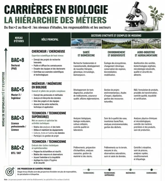 Infographie des métiers en biologie : parcours de formation et débouchés professionnels