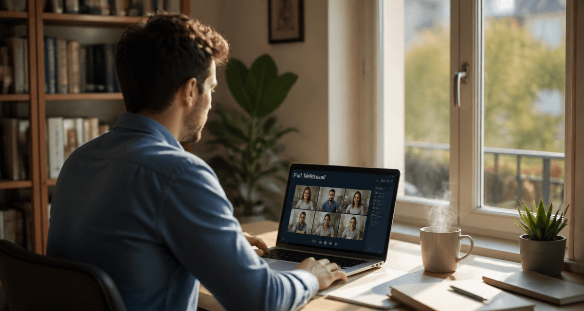 full télétravail jeune pro bureau moderne