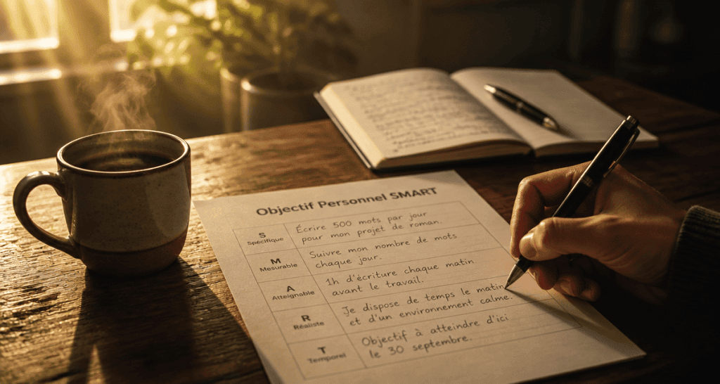 Objectif personnel SMART fiche sur bureau