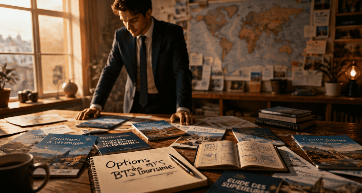que faire après un bts tourisme, jeune diplômé devant brochures et carte du monde