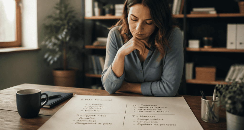 Femme analysant une matrice swot personnel manuscrite