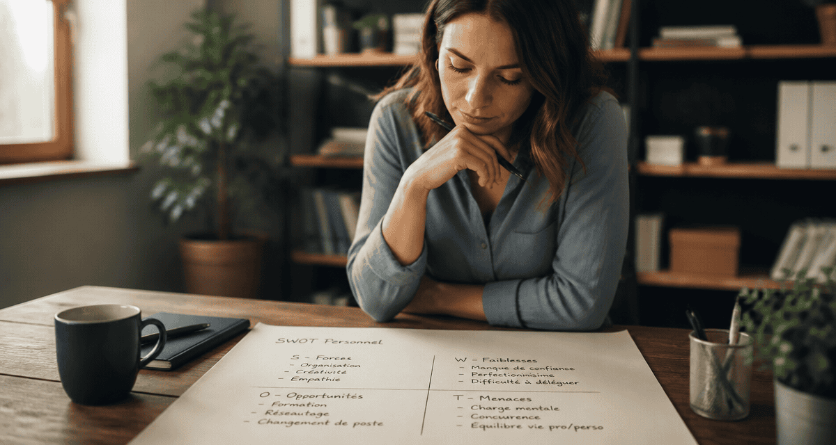 Femme analysant une matrice swot personnel manuscrite