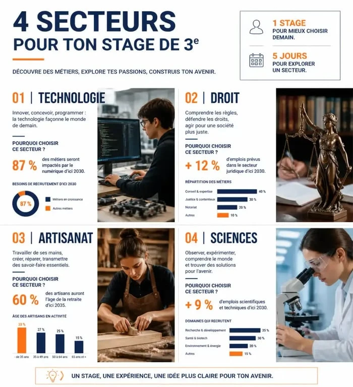 Infographie des secteurs pour un stage de 3ème : technologie, droit, artisanat et sciences pour inspirer les collégiennes.