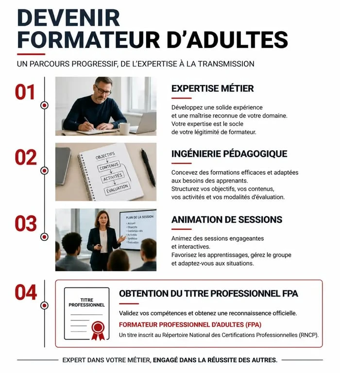 Infographie du parcours de formation pour devenir formateur d'adultes et obtenir le titre professionnel FPA