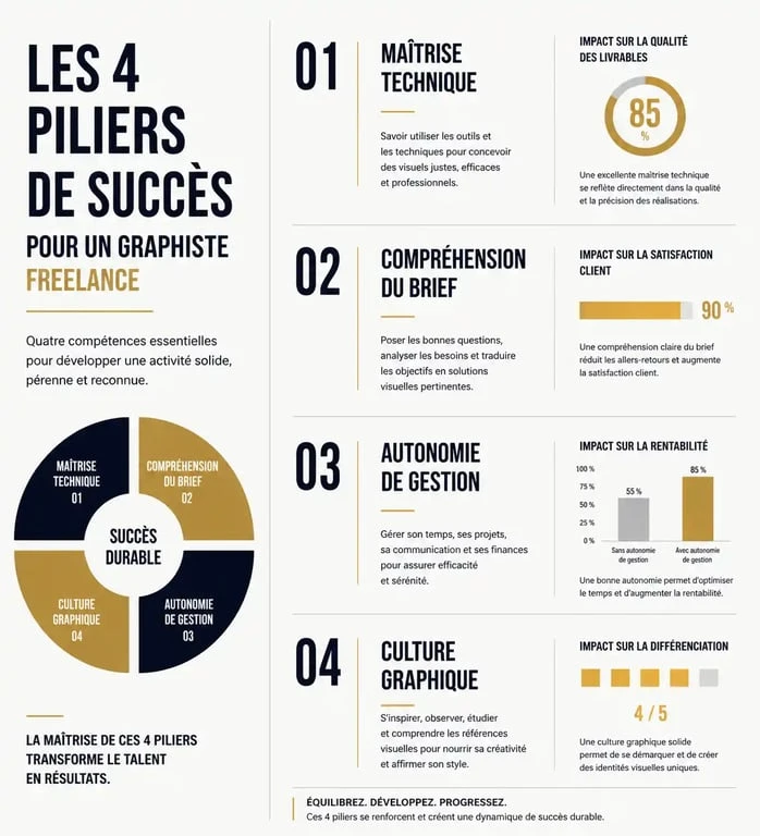 Infographie des compétences clés pour réussir en tant que freelance graphiste emploi