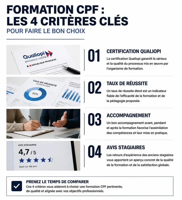 Infographie des critères pour choisir la meilleure formation CPF