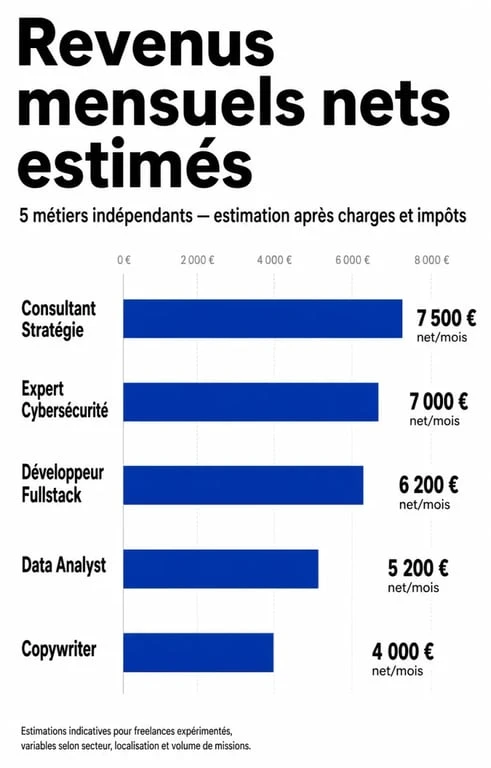 Comparatif des revenus mensuels nets des métiers à son compte les mieux payés