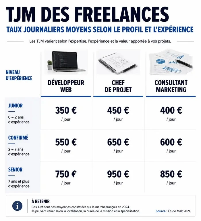 Infographie des Taux Journaliers Moyens (TJM) pour emploi pour indépendant par métier et expérience