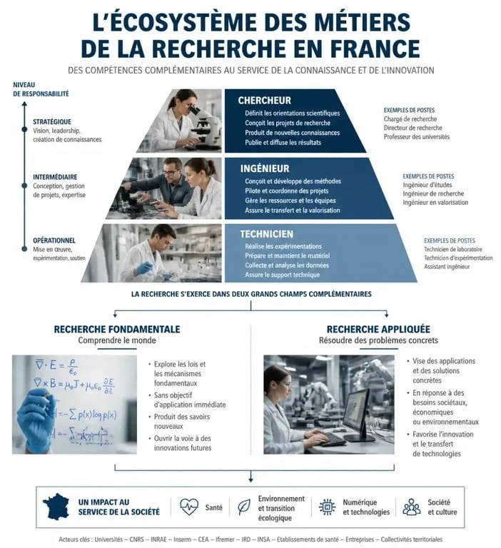 Infographie sur les métiers de la recherche en France : rôles, niveaux d'études et secteurs