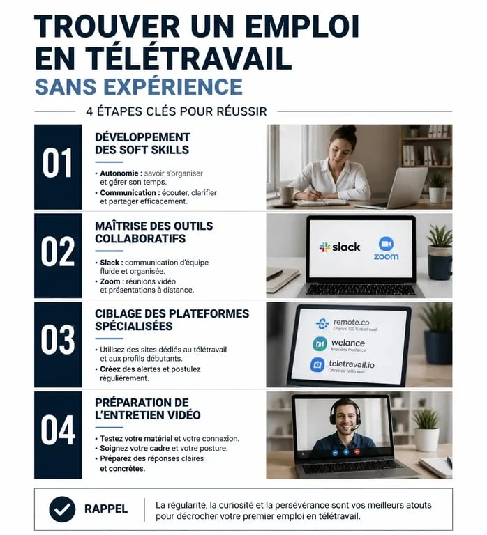 Infographie sur la stratégie pour trouver un emploi en télétravail sans expérience