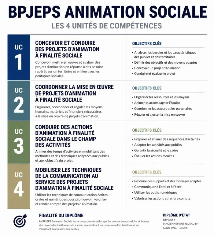 Schéma des 4 unités de compétences du diplôme BPJEPS Animation Sociale