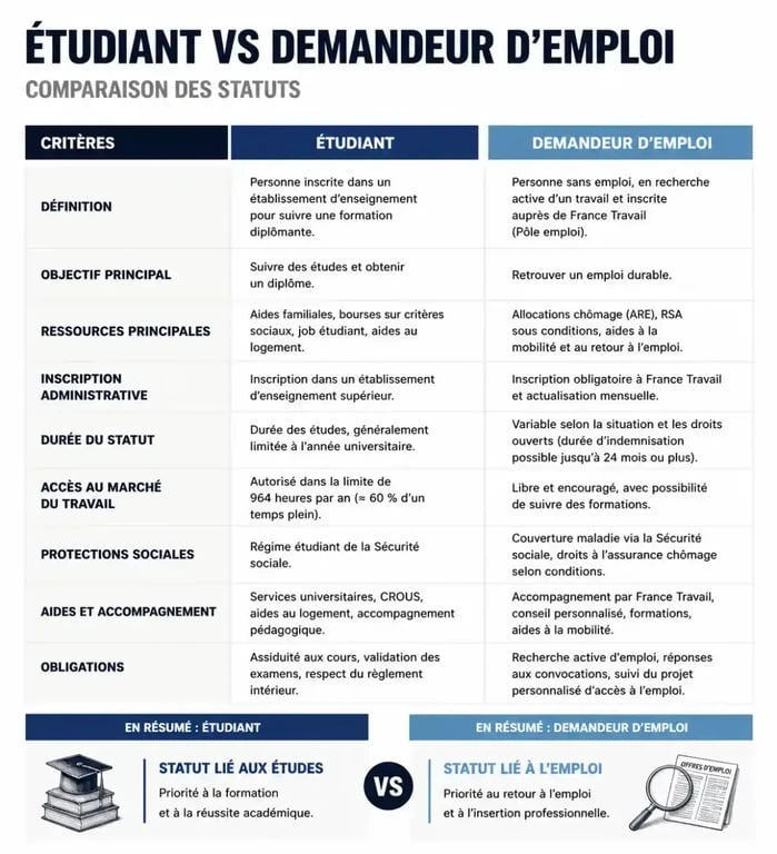 Tableau comparatif des droits au chômage pour les étudiants et demandeurs d'emploi