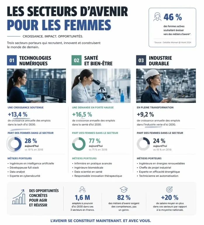 Infographie des secteurs professionnels porteurs pour les femmes : santé, tech et industrie.
