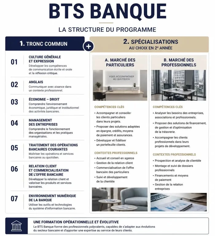 Schéma récapitulatif des matières et options du BTS Banque