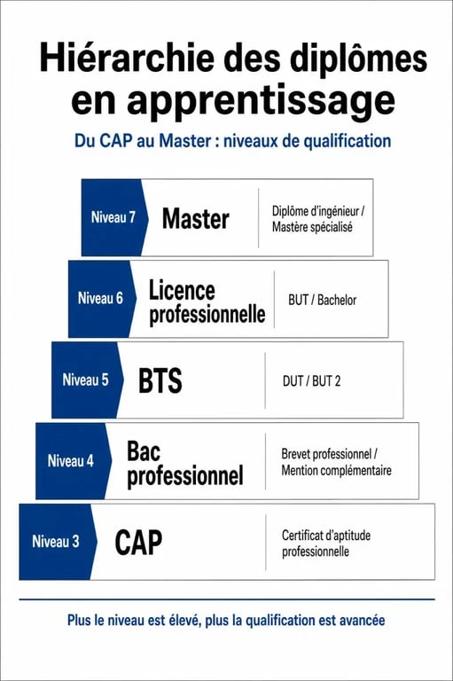 Hiérarchie des diplômes accessibles en apprentissage du CAP au Master