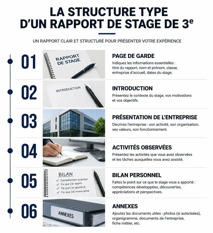Infographie de la structure type d'un rapport de stage de 3ème