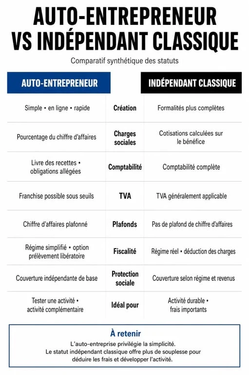 Comparatif des différences entre travailleur indépendant et auto-entrepreneur pour choisir son statut juridique.