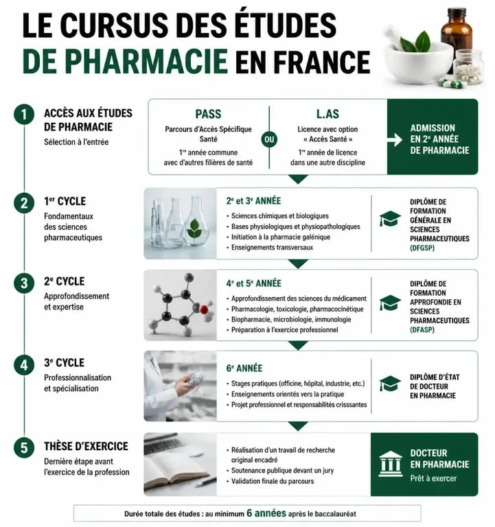 Infographie du cursus d'études pour devenir pharmacien en France