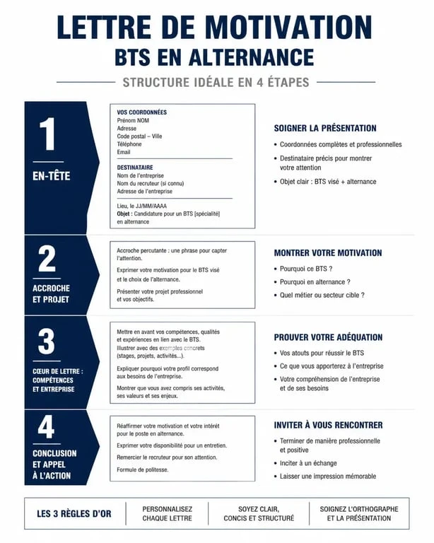 Infographie montrant la structure idéale d'une lettre de motivation pour un BTS en alternance