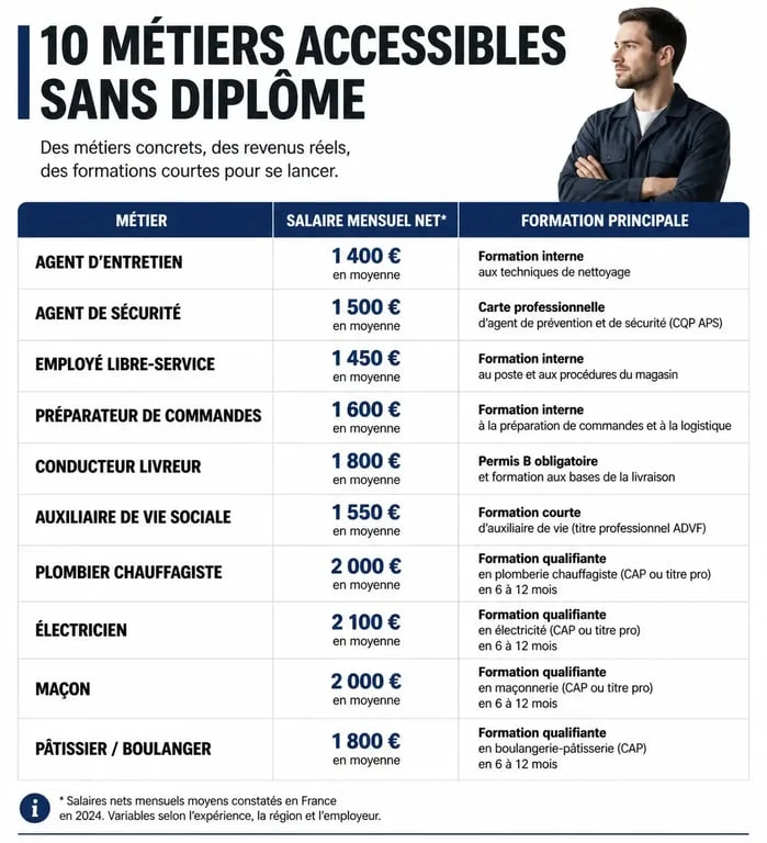 Tableau comparatif des métiers accessibles sans diplôme pour gagner 3000 euros net par mois