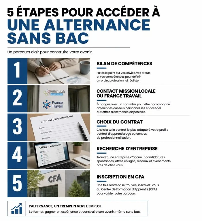 Infographie des étapes pour réussir son alternance sans bac